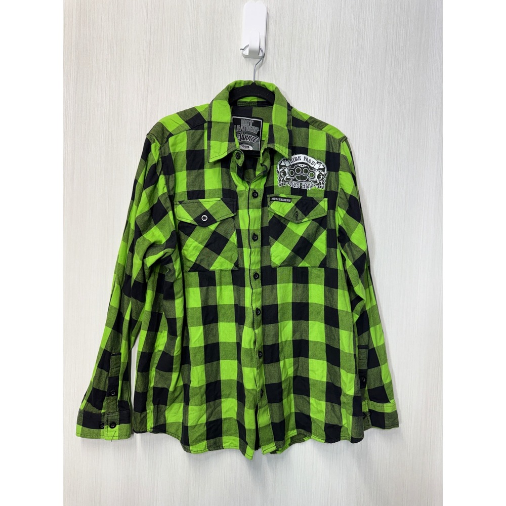 Hot Leathers Mens XL Flannel Shirt Green Black Plaid Ride Fast Live Hard Biker